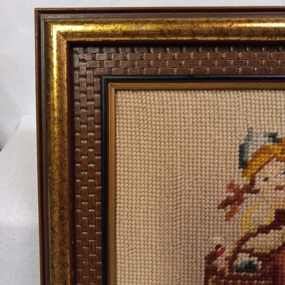 Framed Needlepoint Little Dutch Girl with Basket Of Flowers 12x12" - Picture 3 of 6